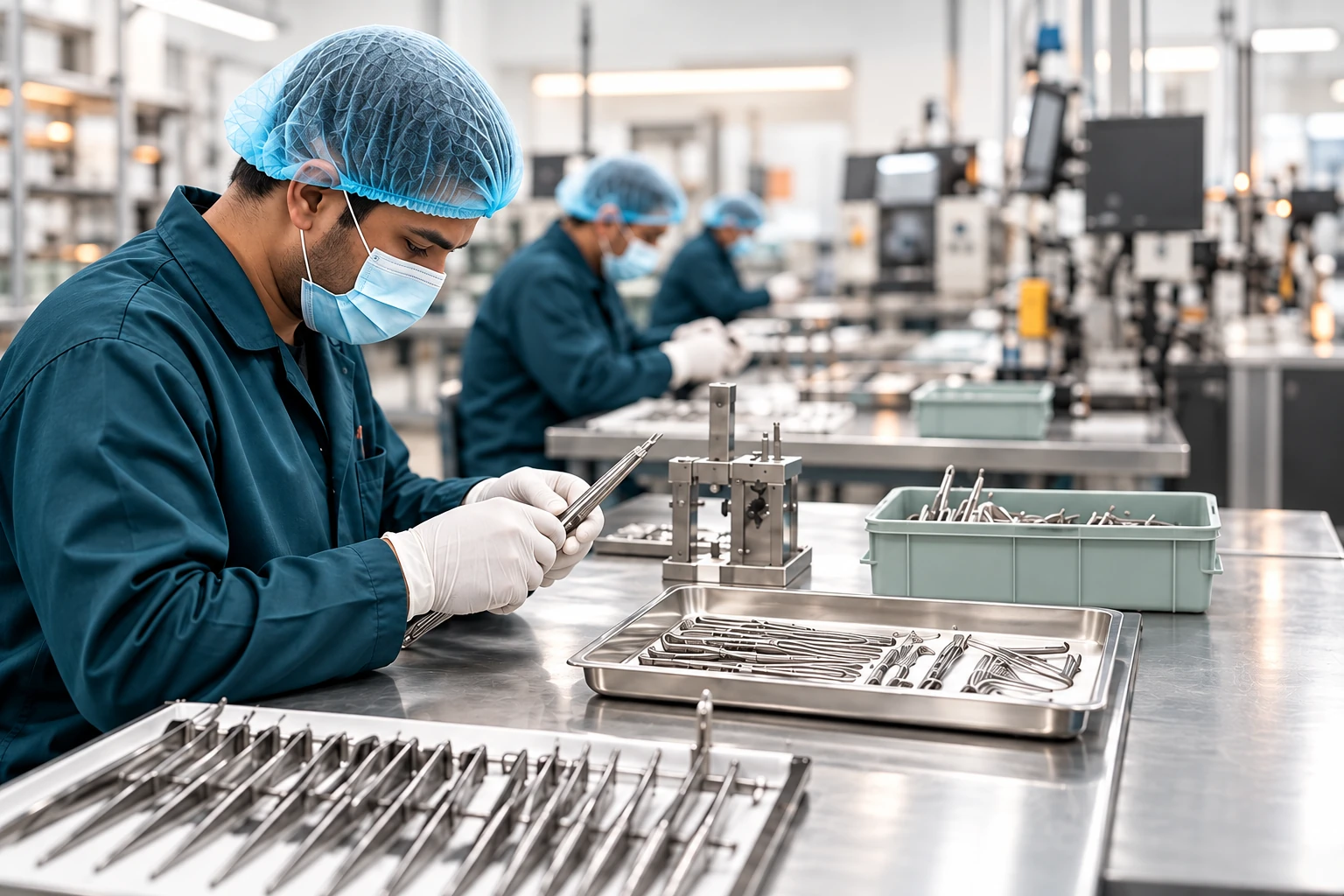 Technicians inspecting surgical instruments at a precision manufacturing workbench